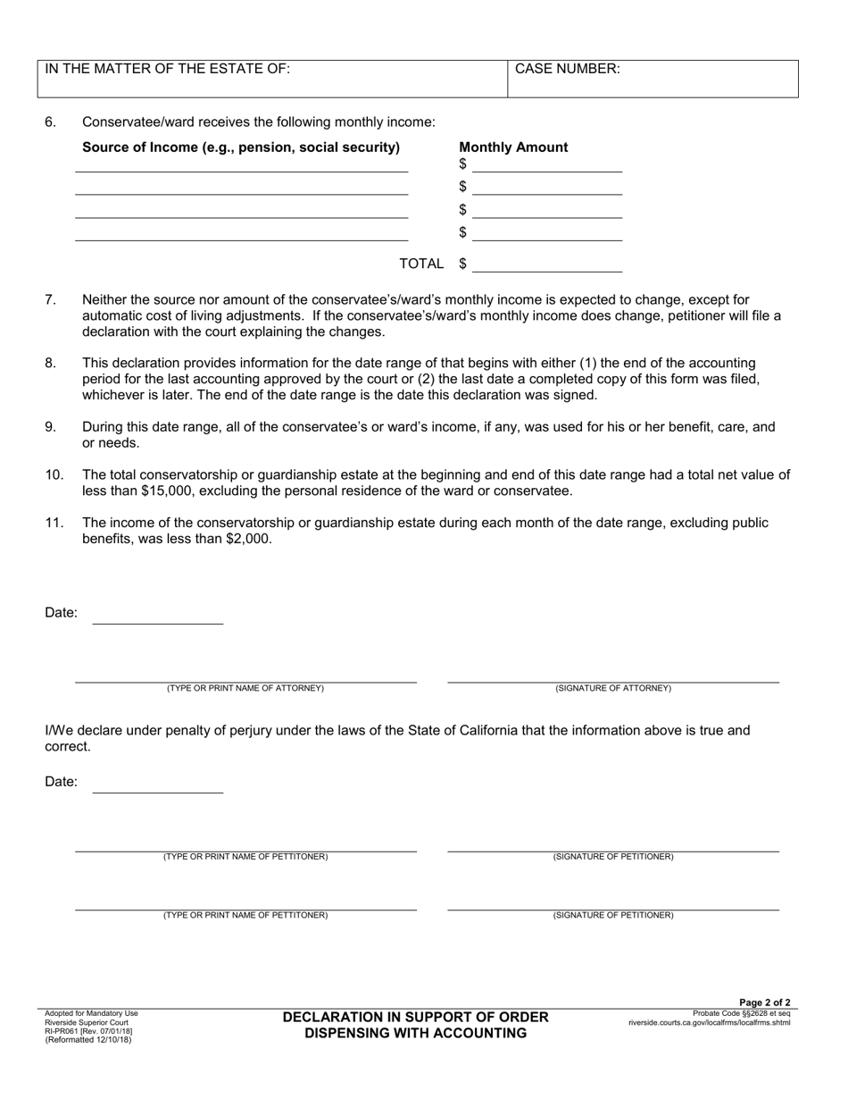 Form RI-PR061 Declaration in Support of Order Dispensing With Accounting - County of Riverside, California, Page 2