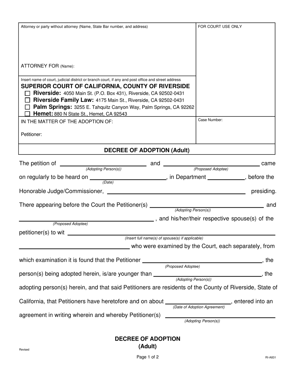 Form RI-A831 Decree of Adoption (Adult) - County of Riverside, California, Page 1