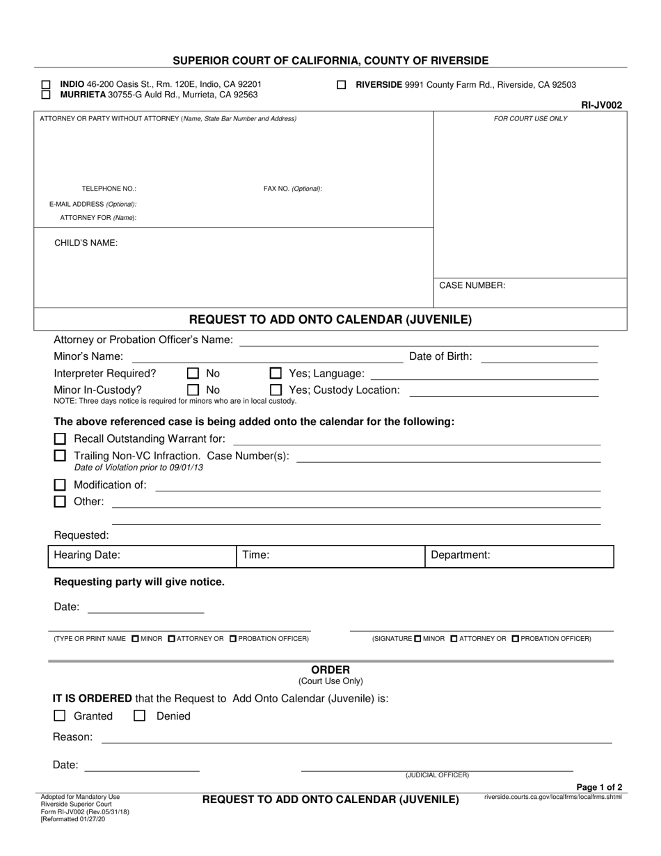 Form RI-JV002 Request to Add Onto Calendar (Juvenile) - County of Riverside, California, Page 1