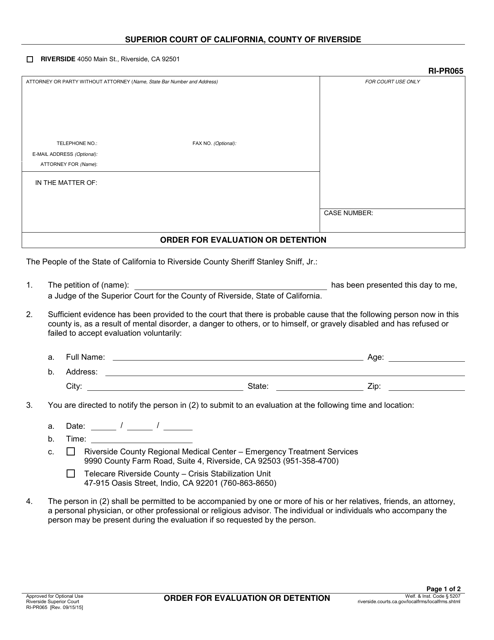 Form RI-PR065 Order for Evaluation or Detention - County of Riverside, California