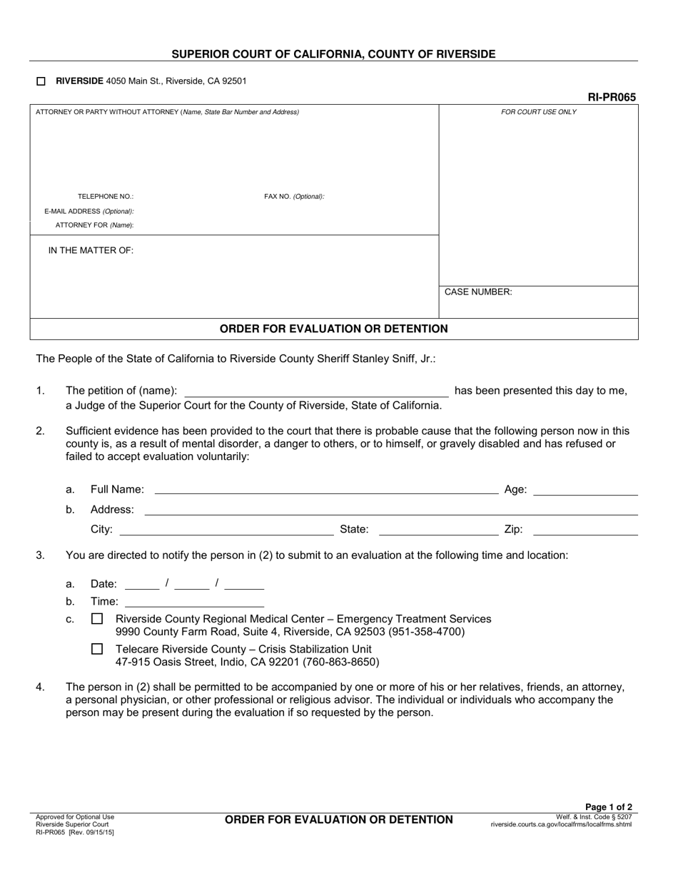 Form RI-PR065 Order for Evaluation or Detention - County of Riverside, California, Page 1