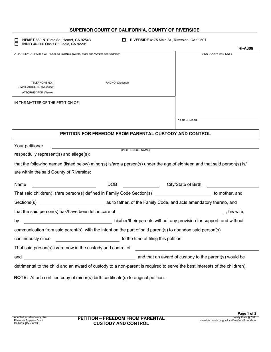 Form RI-A809 Petition for Freedom From Parental Custody and Control - County of Riverside, California, Page 1