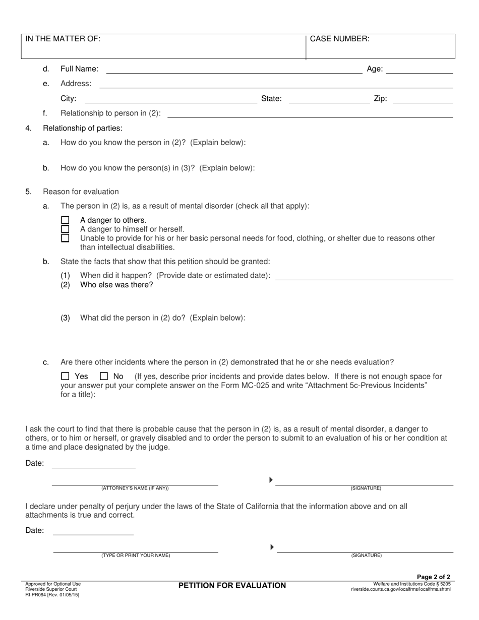 Form RI-PR064 Petition for Evaluation - County of Riverside, California, Page 2