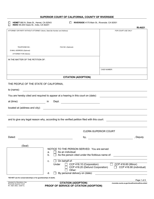 Form RI-A821 Citation (Adoption) - County of Riverside, California