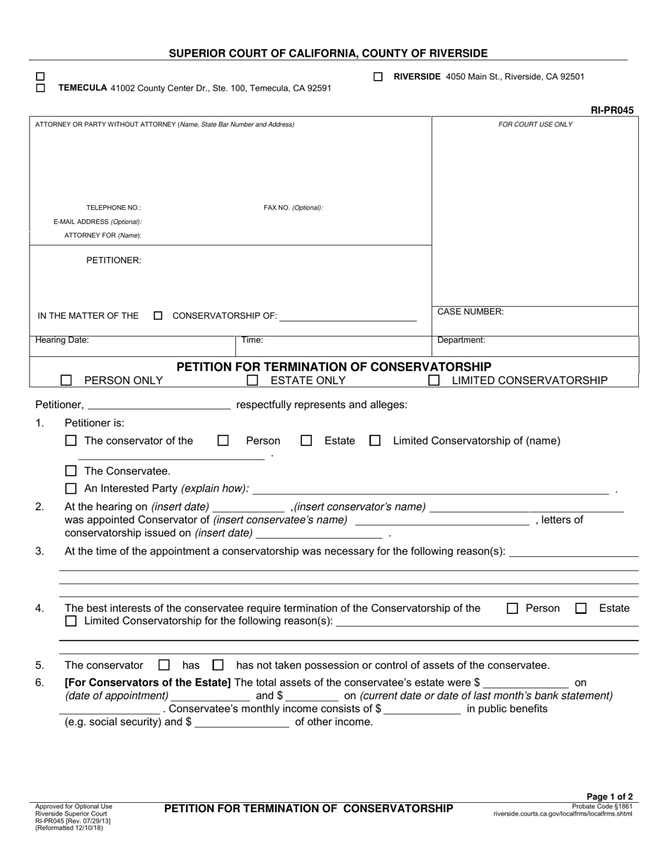 Form RI-PR045 Petition for Termination of Conservatorship - County of Riverside, California, Page 1