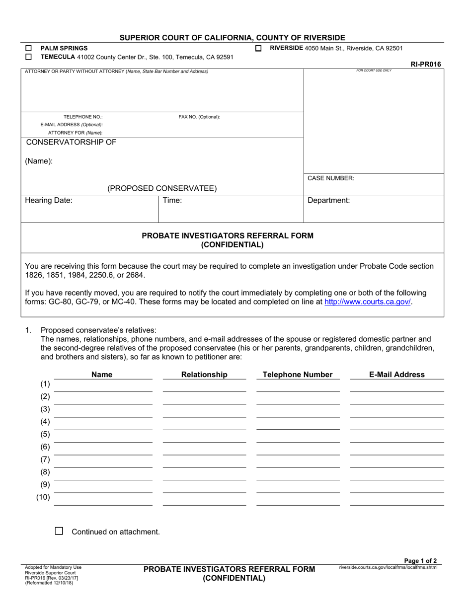 Form RI-PR016 Probate Investigators Referral Form - County of Riverside, California, Page 1
