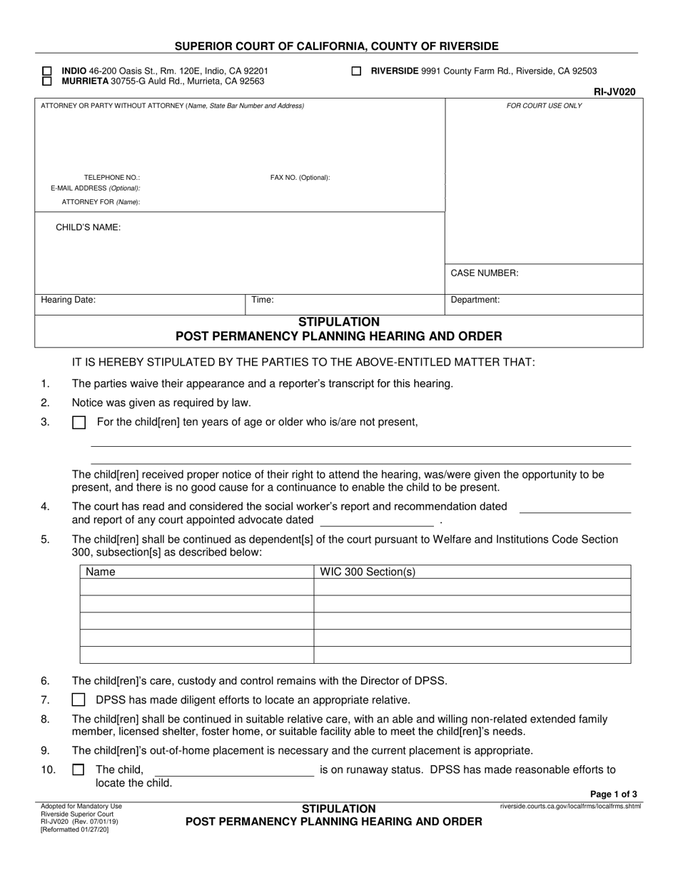 Form RI-JV020 Stipulation Re: Post Permanency Planning Hearing and Order - County of Riverside, California, Page 1