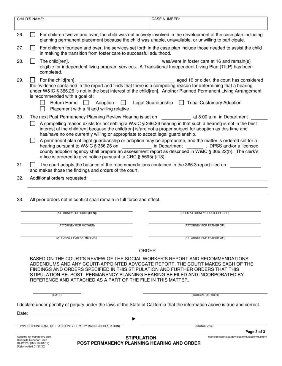 Form RI-JV020 Stipulation Re: Post Permanency Planning Hearing and Order - County of Riverside, California, Page 3