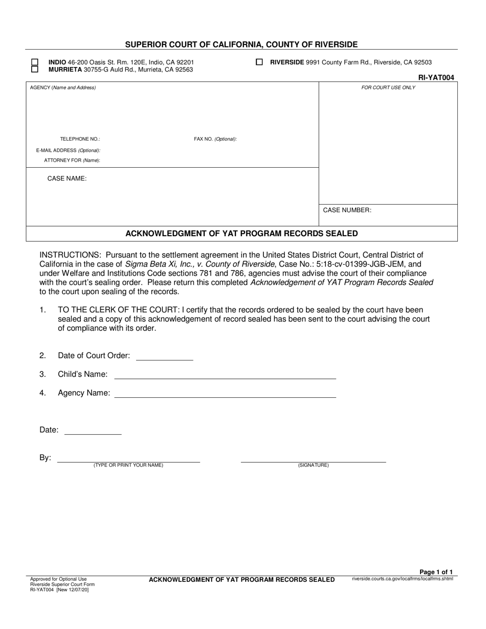 Form RI-YAT004 Acknowledgement of Yat Program Records Sealed - County of Riverside, California, Page 1