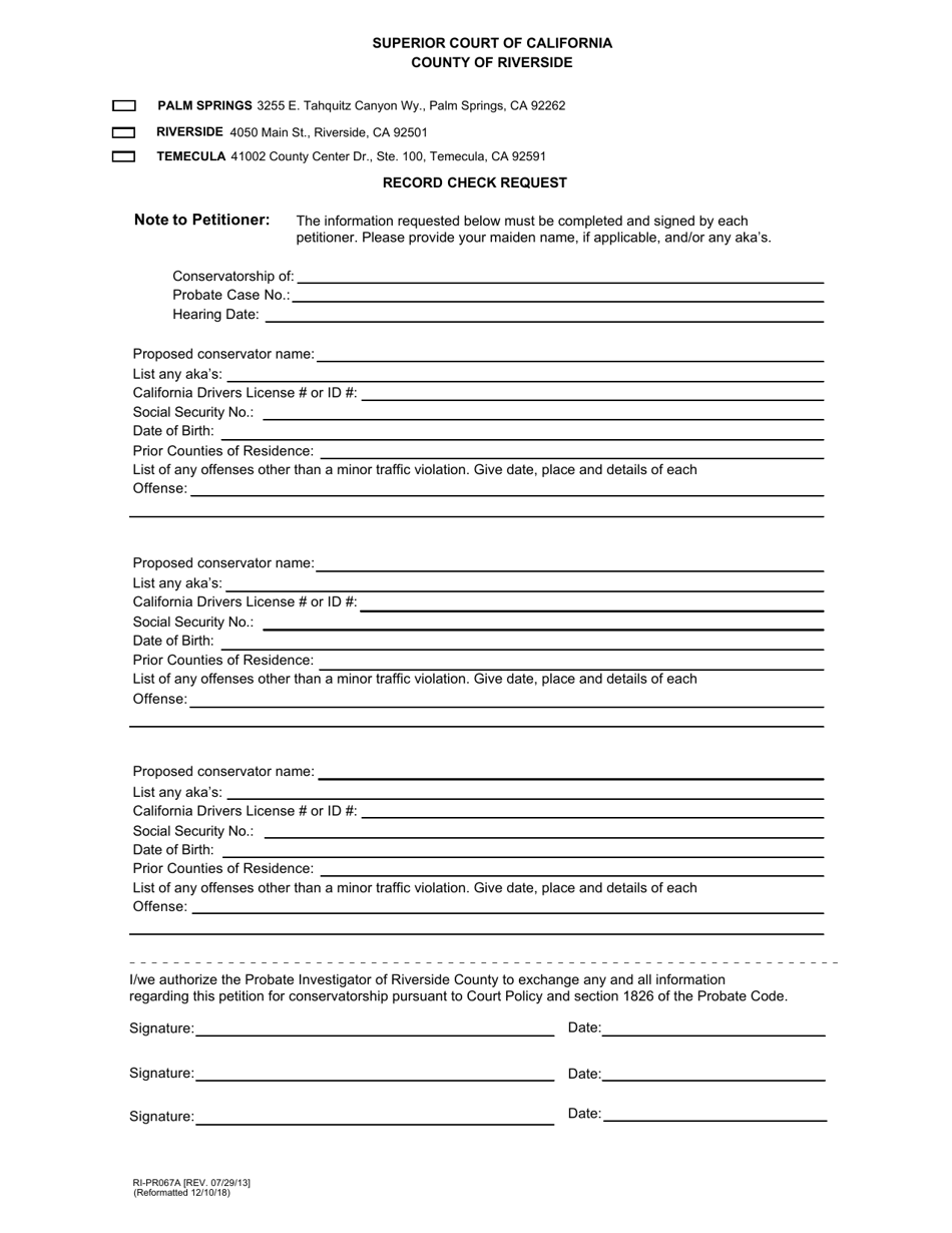 Form RI-PR067A Record Check Request - County of Riverside, California, Page 1