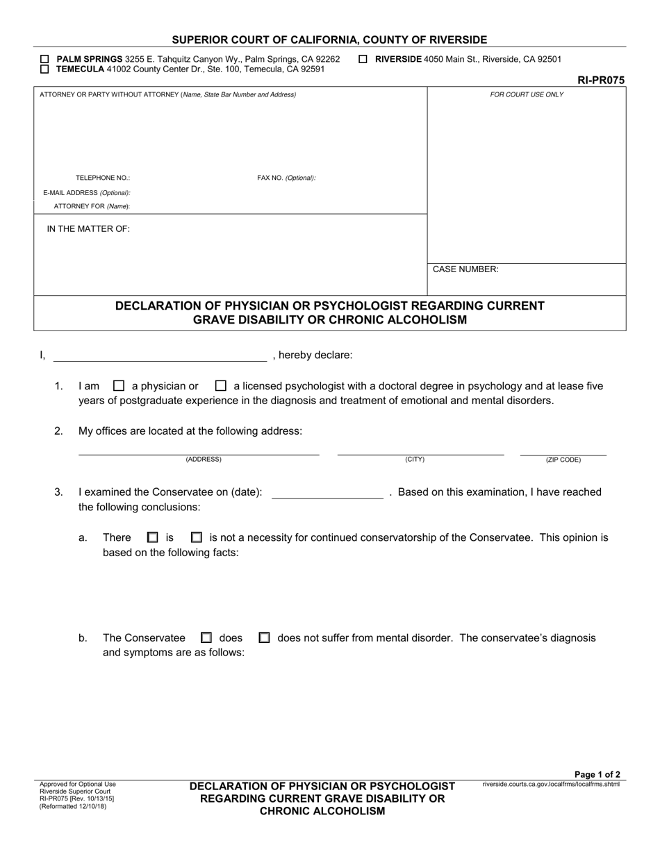Form RI-PR075 Declaration of Physician or Psychologist Regarding Current Grave Disability or Chronic Alcoholism - County of Riverside, California, Page 1