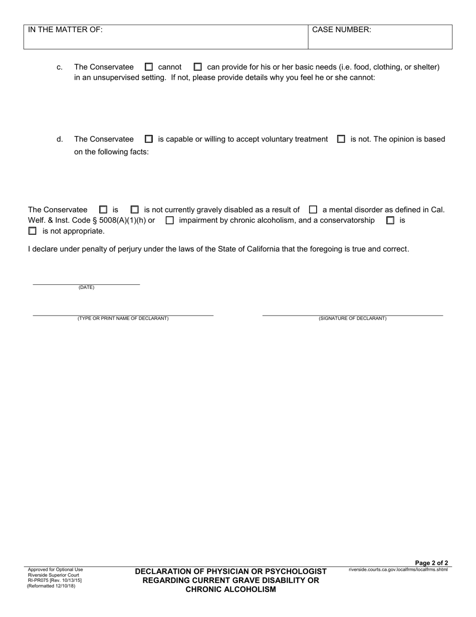 Form RI-PR075 Declaration of Physician or Psychologist Regarding Current Grave Disability or Chronic Alcoholism - County of Riverside, California, Page 2