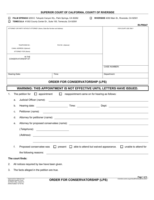 Form RI-PR047 Order for Conservatorship (Lps) - County of Riverside, California