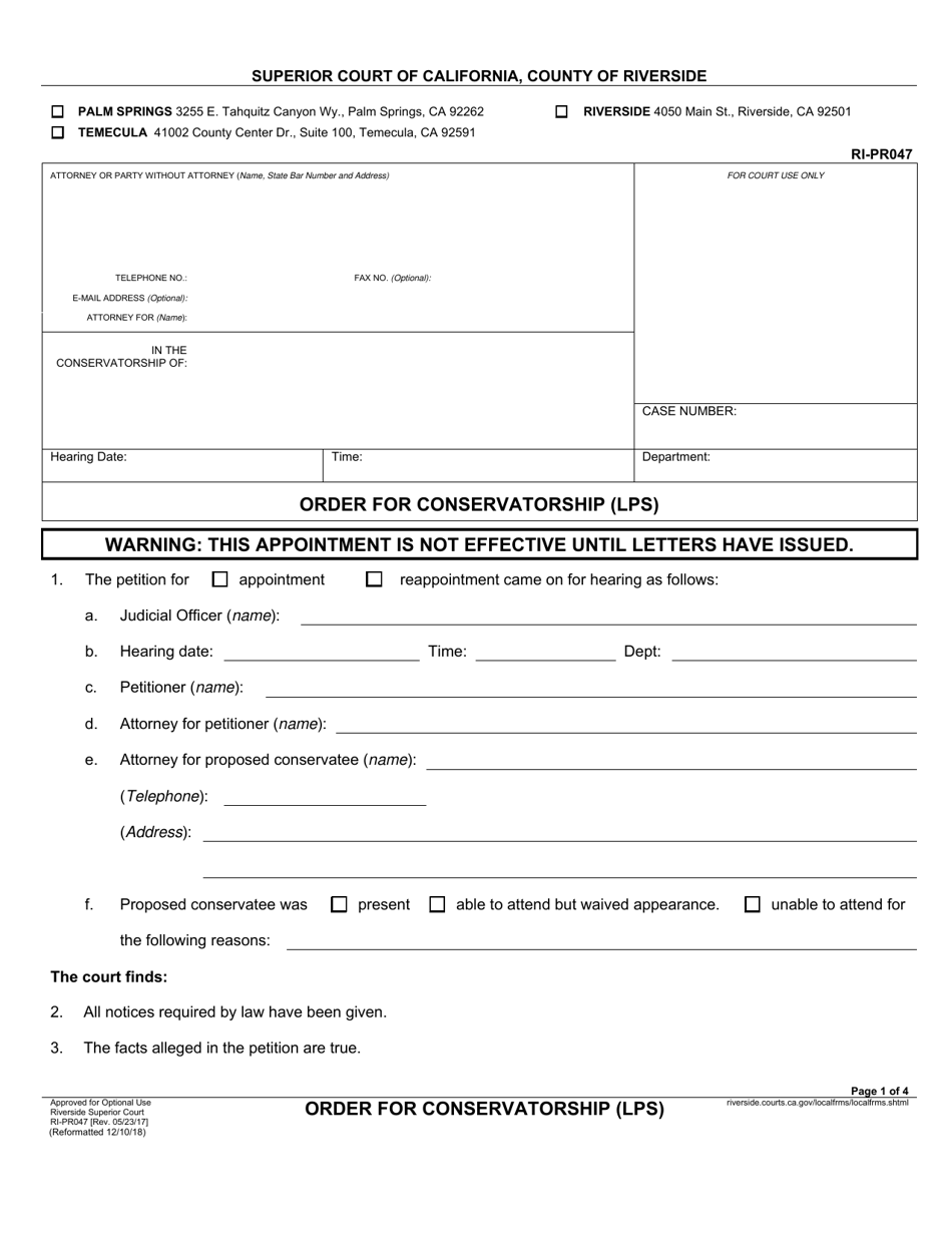 Form RI-PR047 Order for Conservatorship (Lps) - County of Riverside, California, Page 1