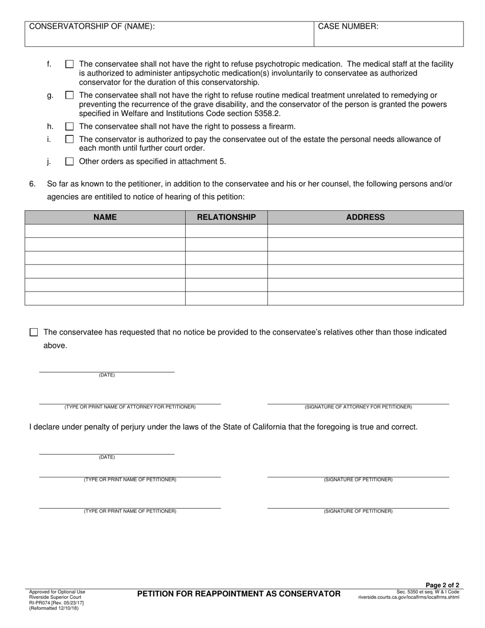 Form RI-PR074 Petition for Reappointment as Conservator - County of Riverside, California, Page 2