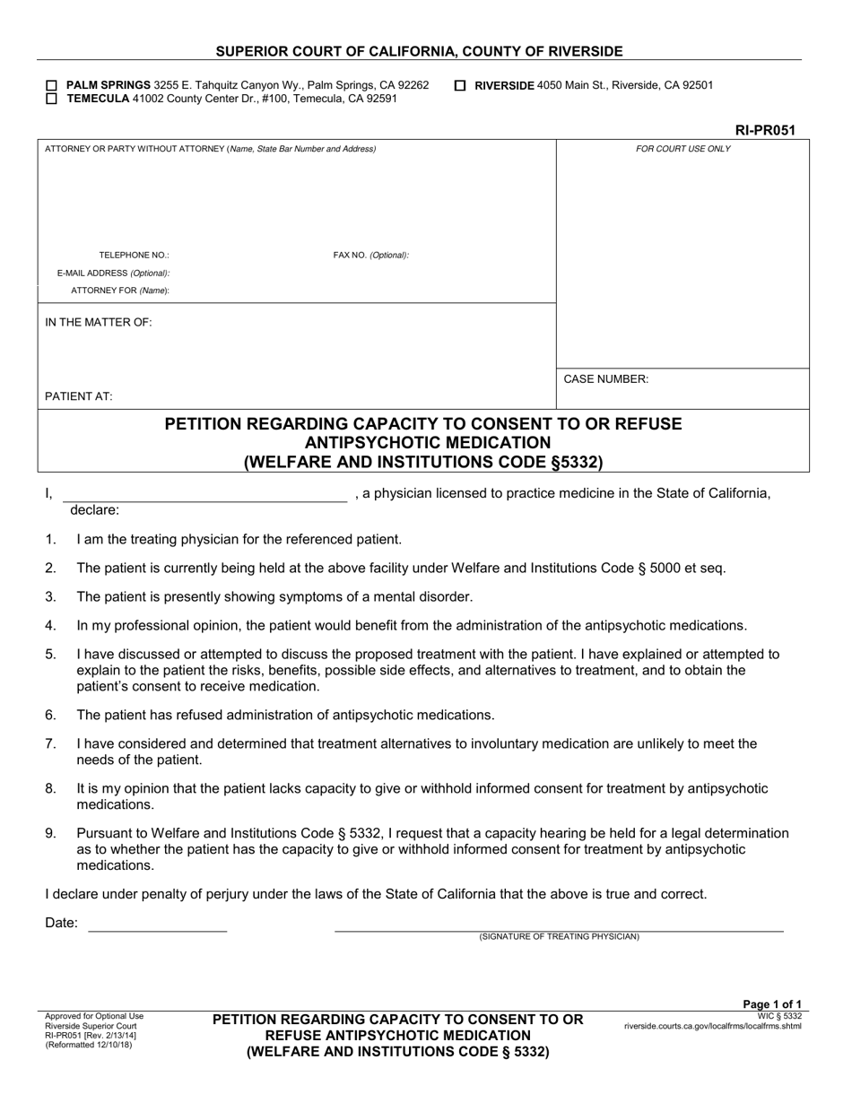 Form RI-PR051 Petition Regarding Capacity to Consent to or Refuse Antipsychotic Medication - County of Riverside, California, Page 1