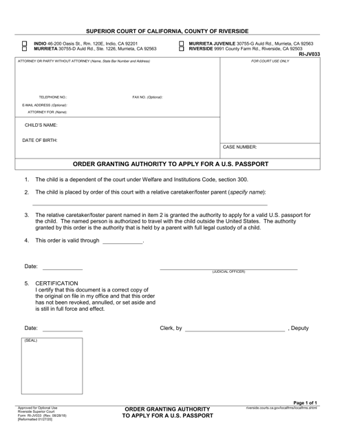 Form RI-JV033 Order Granting Authority to Apply for a U.S. Passport - County of Riverside, California