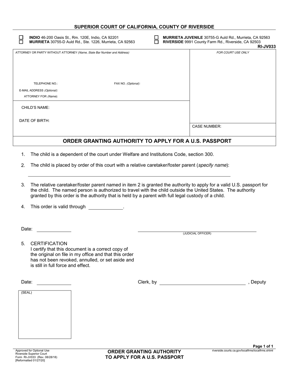 Form RI-JV033 Order Granting Authority to Apply for a U.S. Passport - County of Riverside, California, Page 1