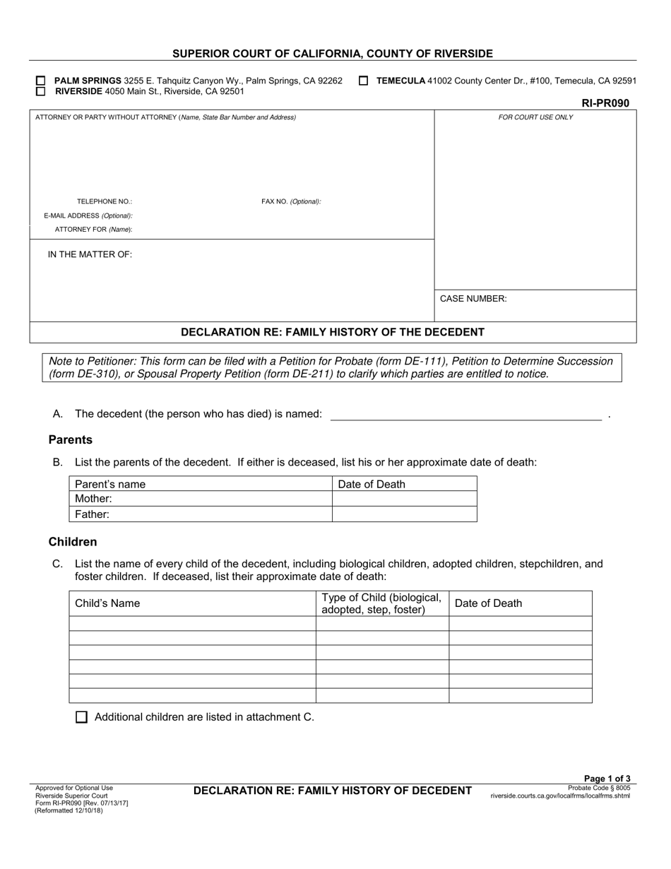 Form RI-PR090 Declaration Re: Family History of Decedent - County of Riverside, California, Page 1