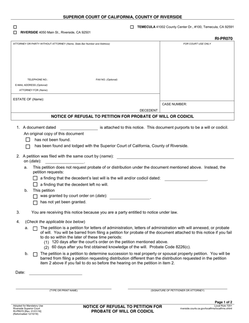 Form RI-PR070 Notice of Refusal to Petition for Probate of Will or Codicil - County of Riverside, California