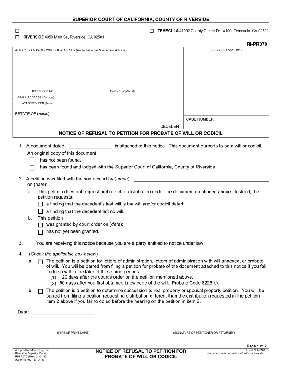 Form RI-PR070 Notice of Refusal to Petition for Probate of Will or Codicil - County of Riverside, California, Page 1