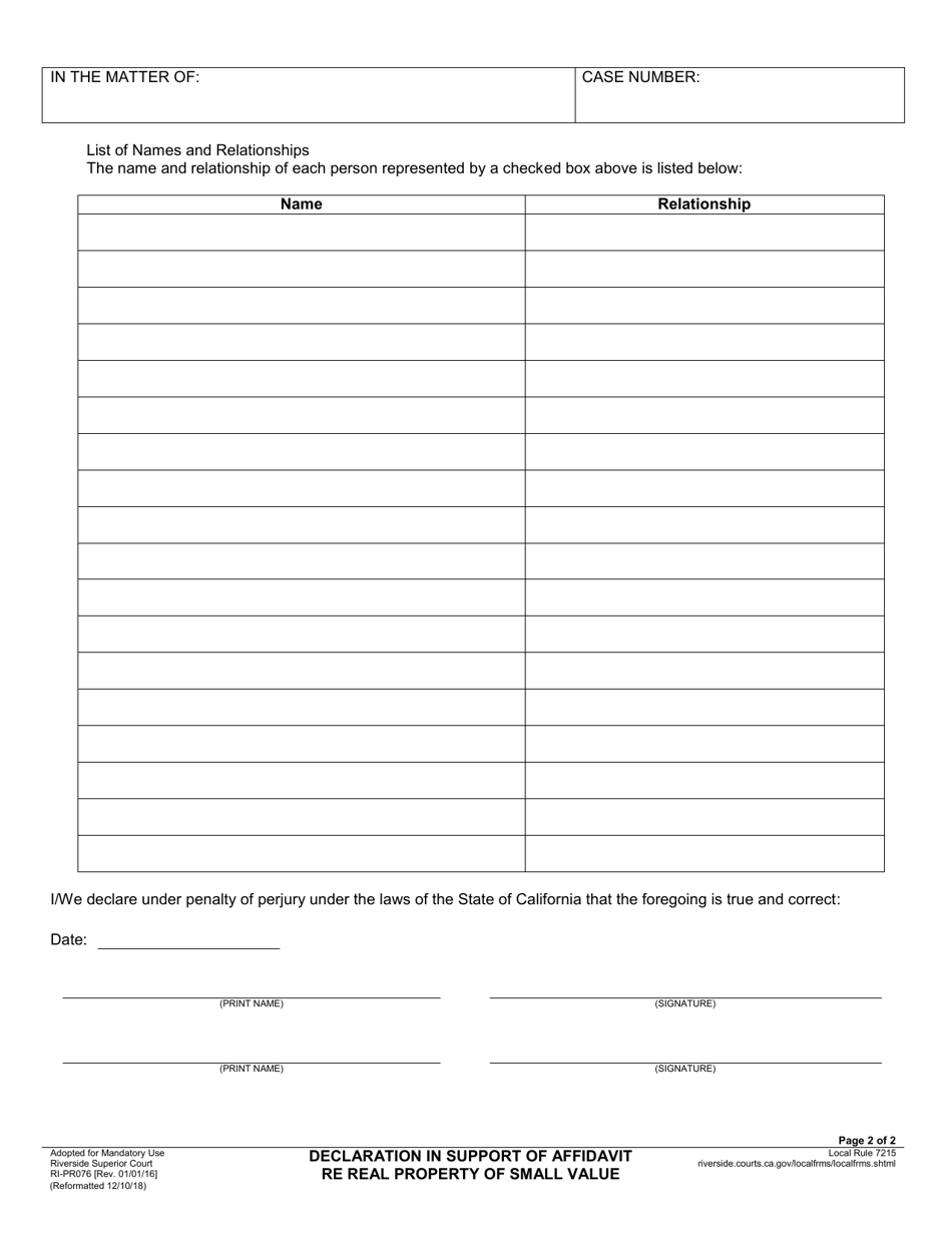 Form RI-PR076 Declaration in Support of Affidavit Re Real Property of Small Value - County of Riverside, California, Page 2