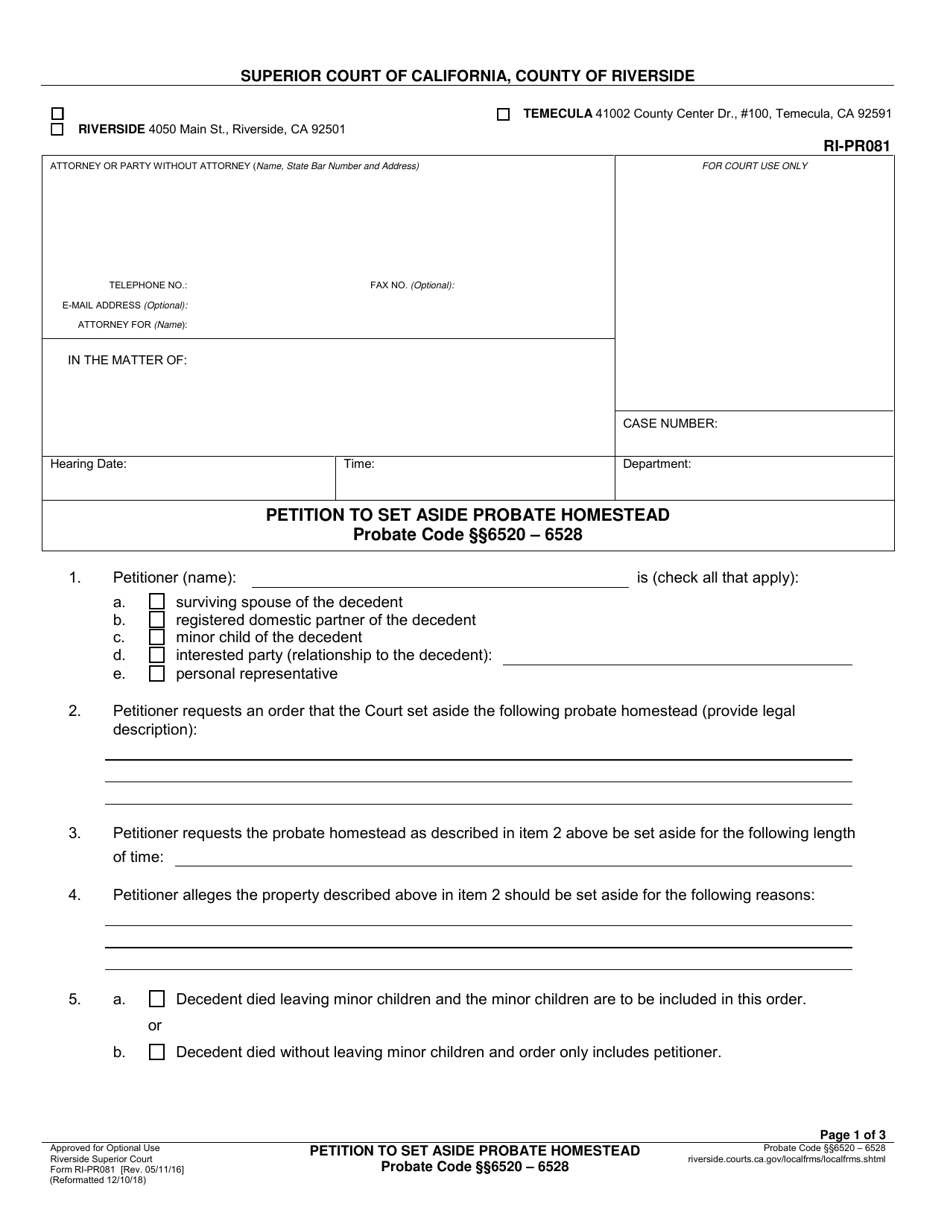 Form RI-PR081 Petition to Set Aside Probate Homestead - County of Riverside, California, Page 1