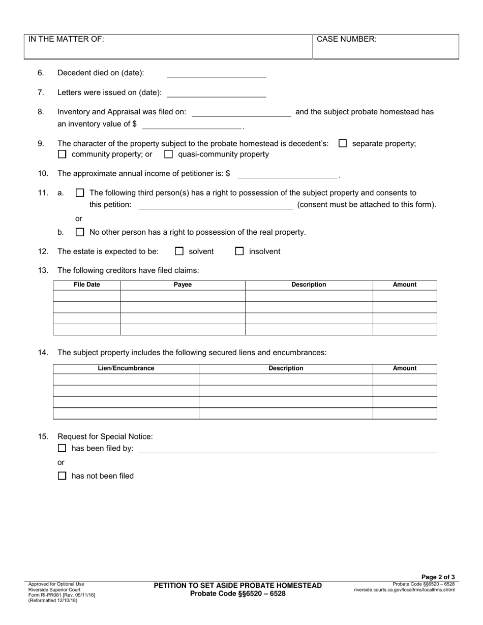 Form RI-PR081 Petition to Set Aside Probate Homestead - County of Riverside, California, Page 2