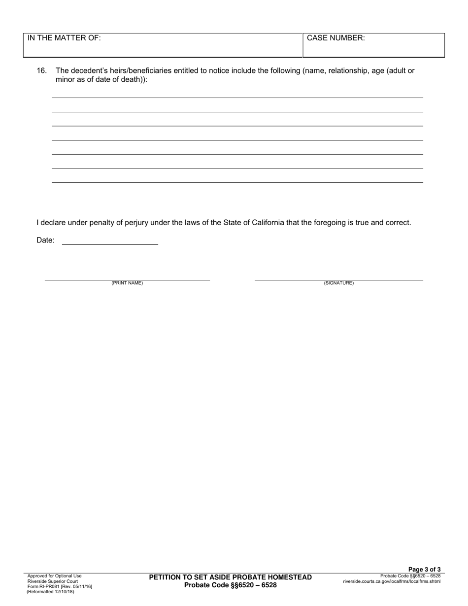 Form RI-PR081 Petition to Set Aside Probate Homestead - County of Riverside, California, Page 3