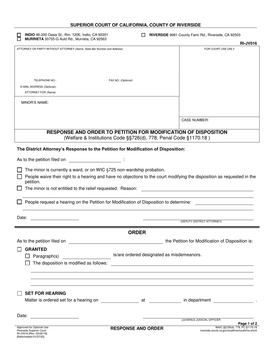 Form RI-JV016 Response and Order to Petition for Modification of Disposition - County of Riverside, California, Page 1