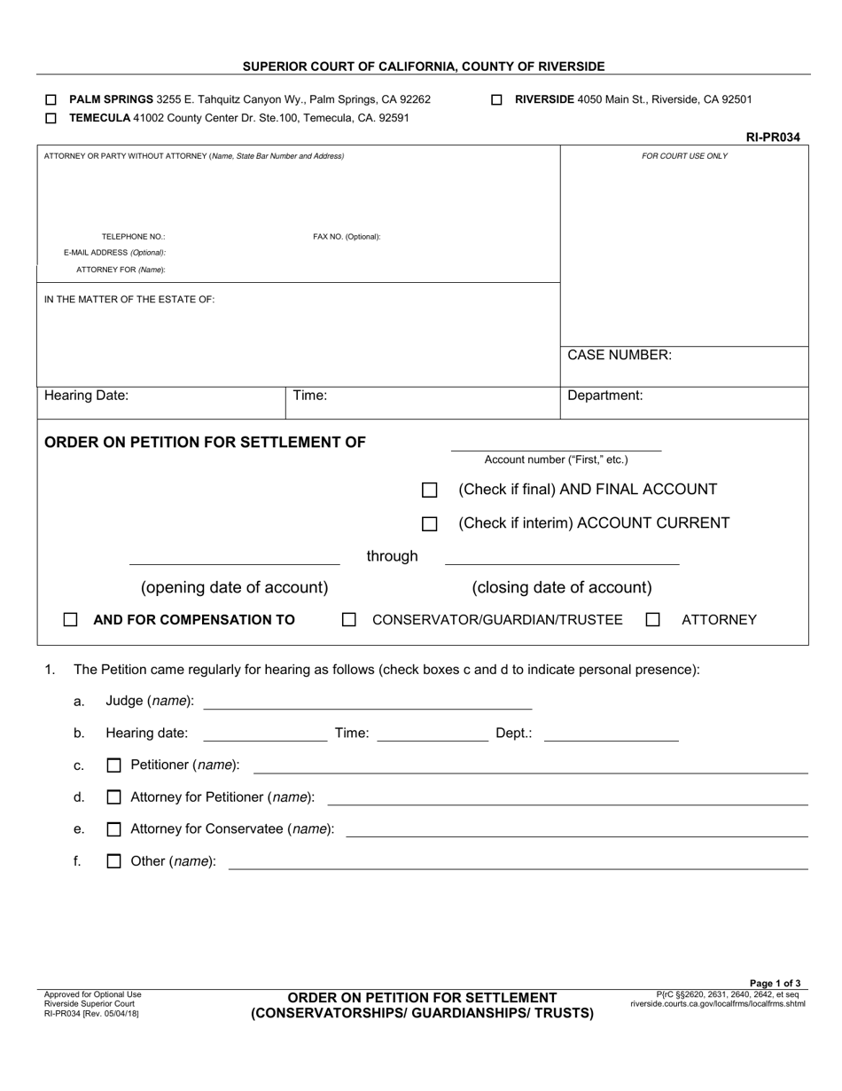 Form RI-PR034 Order on Petition for Settlement of Account - County of Riverside, California, Page 1