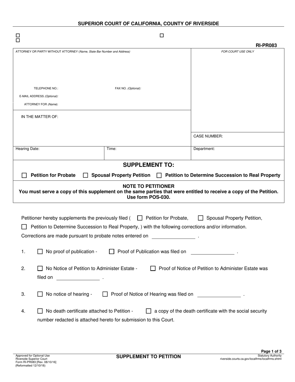 Form RI-PR083 Supplement to Petition - County of Riverside, California, Page 1