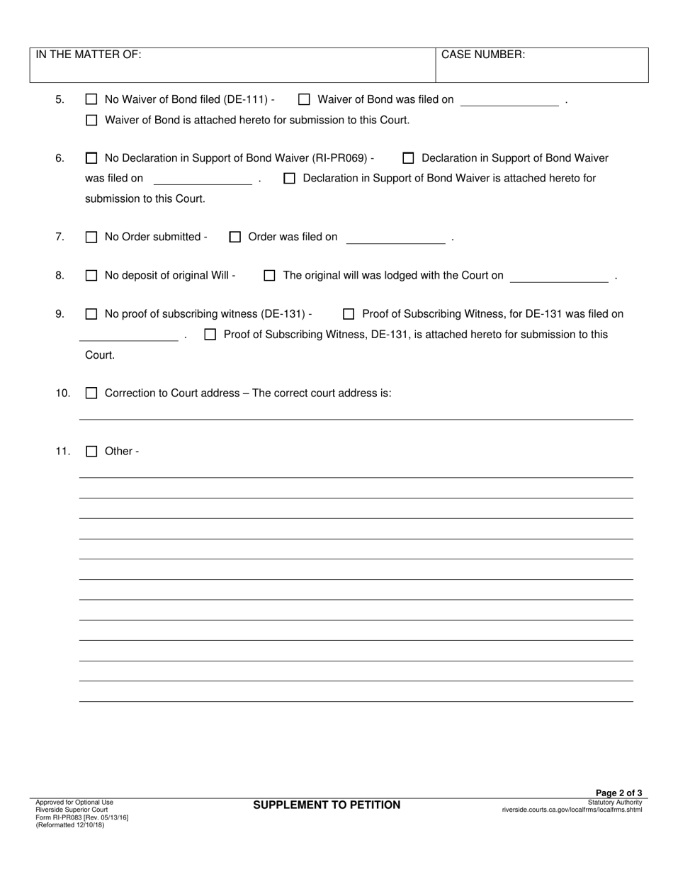 Form RI-PR083 Supplement to Petition - County of Riverside, California, Page 2