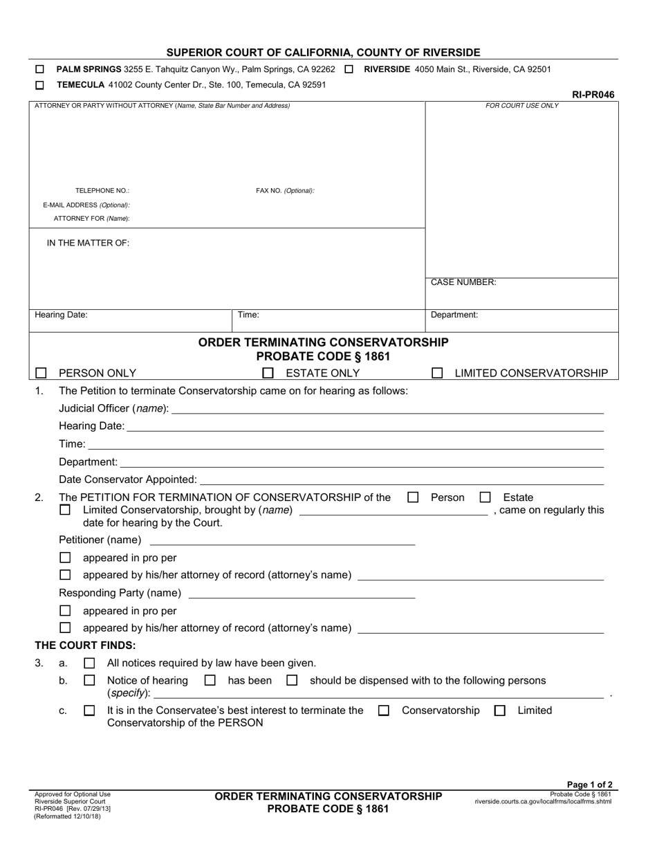 Form RI-PR046 Order Terminating Conservatorship - County of Riverside, California, Page 1