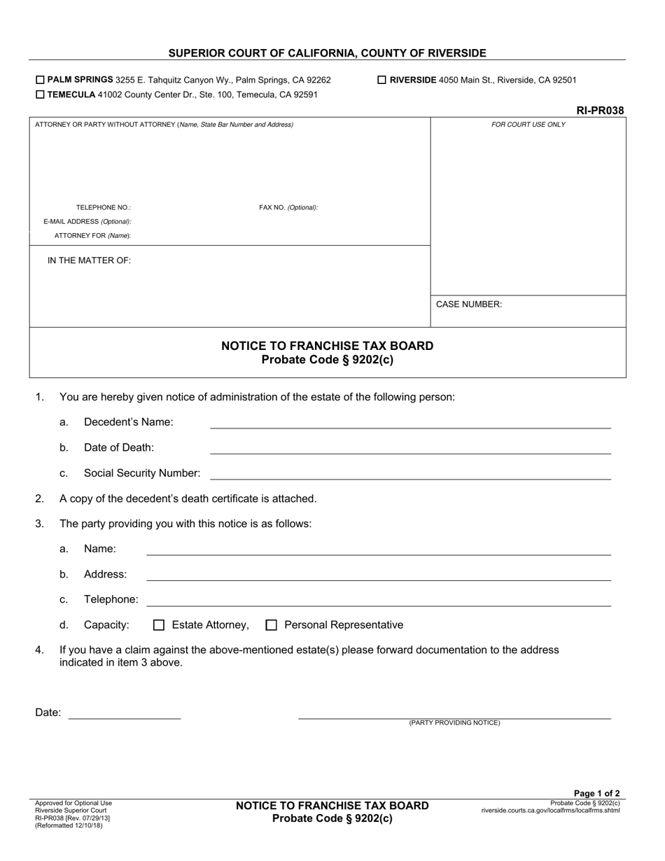 Form RI-PR038 Notice to Franchise Tax Board - County of Riverside, California, Page 1