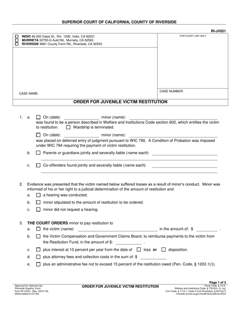 Form RI-JV021 Order for Juvenile Victim Restitution - County of Riverside, California