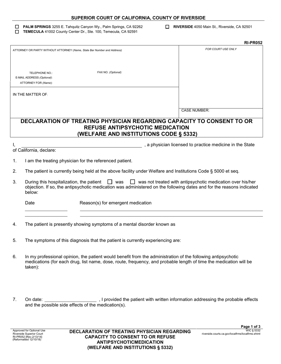 Form RI-PR052 Declaration of Treating Physician Regarding Capacity to Consent to or Refuse Antipsychotic Medication - County of Riverside, California, Page 1