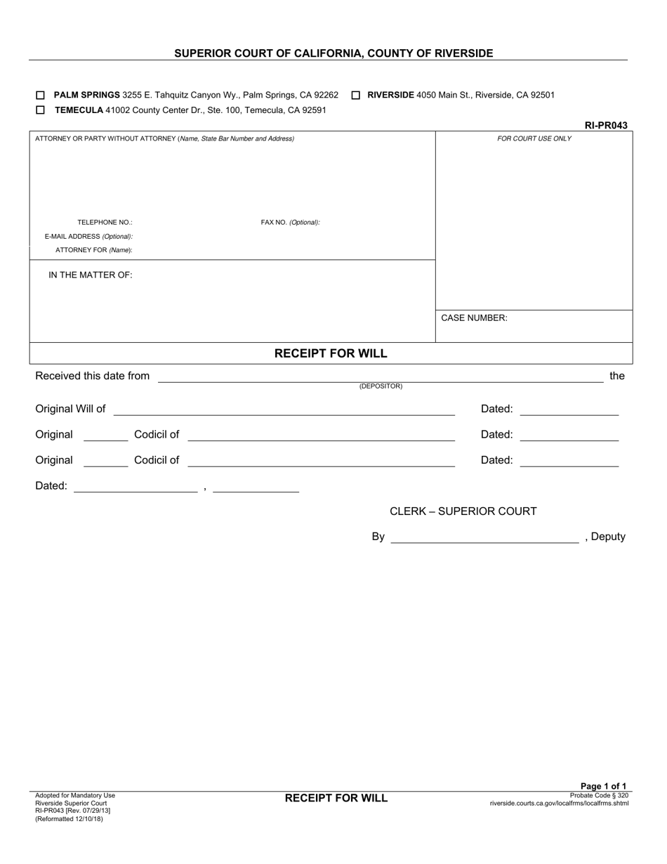 Form RI-PR043 Receipt for Will - County of Riverside, California, Page 1