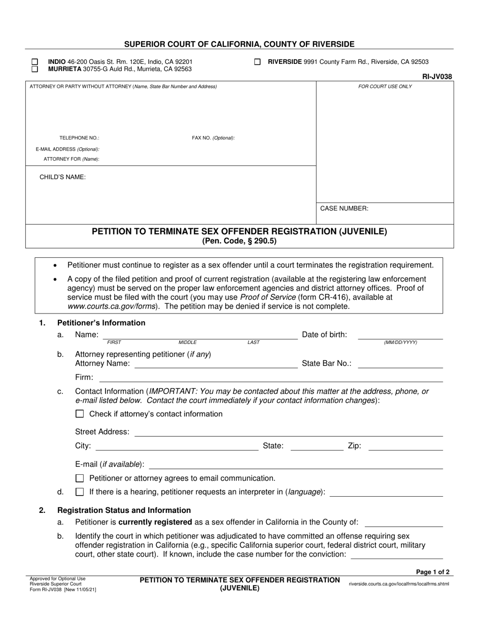 Form RI-JV038 Petition to Terminate Sex Offender Registration (Juvenile) - County of Riverside, California, Page 1