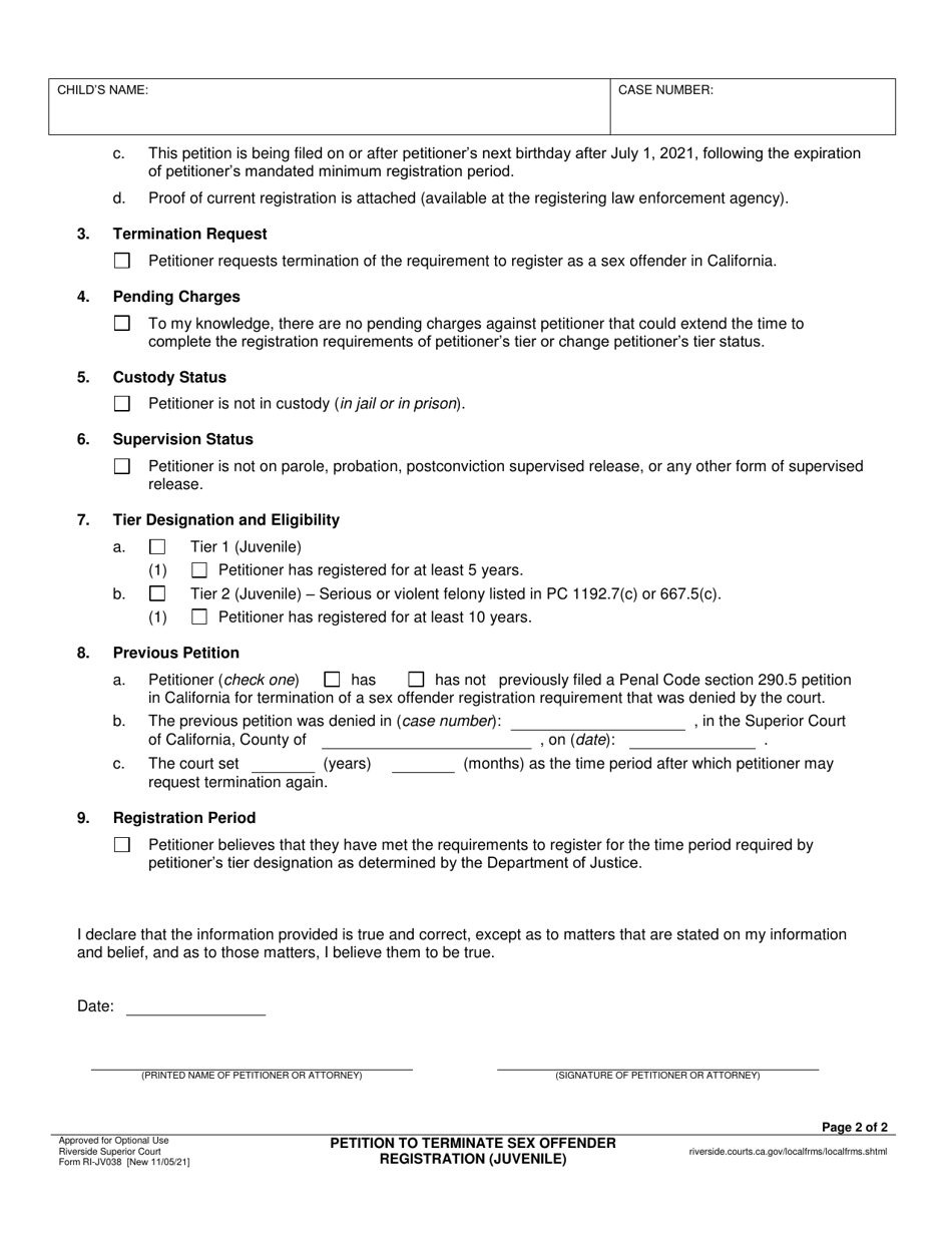 Form RI-JV038 Petition to Terminate Sex Offender Registration (Juvenile) - County of Riverside, California, Page 2