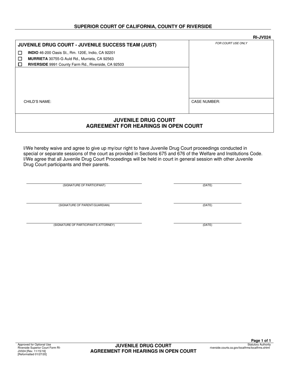 Form RI-JV024 Juvenile Drug Court Agreement for Hearings in Open Court - County of Riverside, California, Page 1