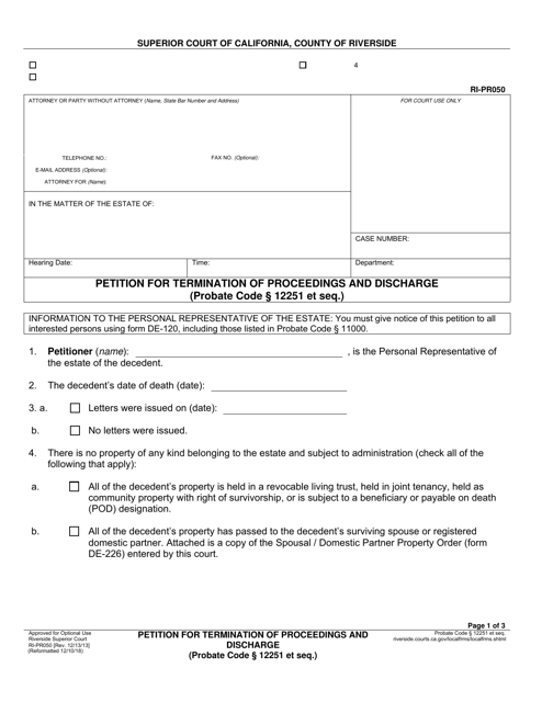 Form RI-PR050 Petition for Termination of Proceedings and Discharge - County of Riverside, California