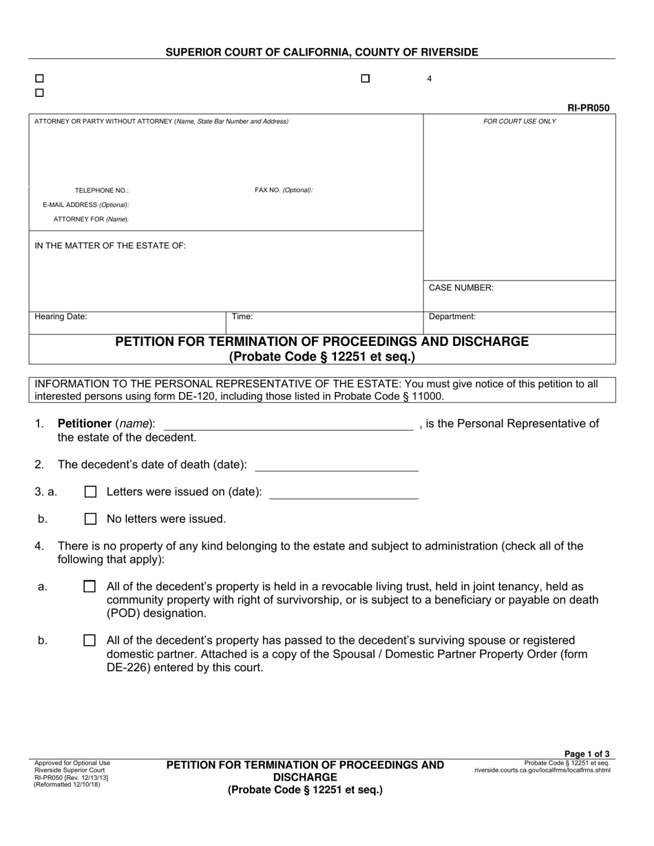 Form RI-PR050 Petition for Termination of Proceedings and Discharge - County of Riverside, California, Page 1