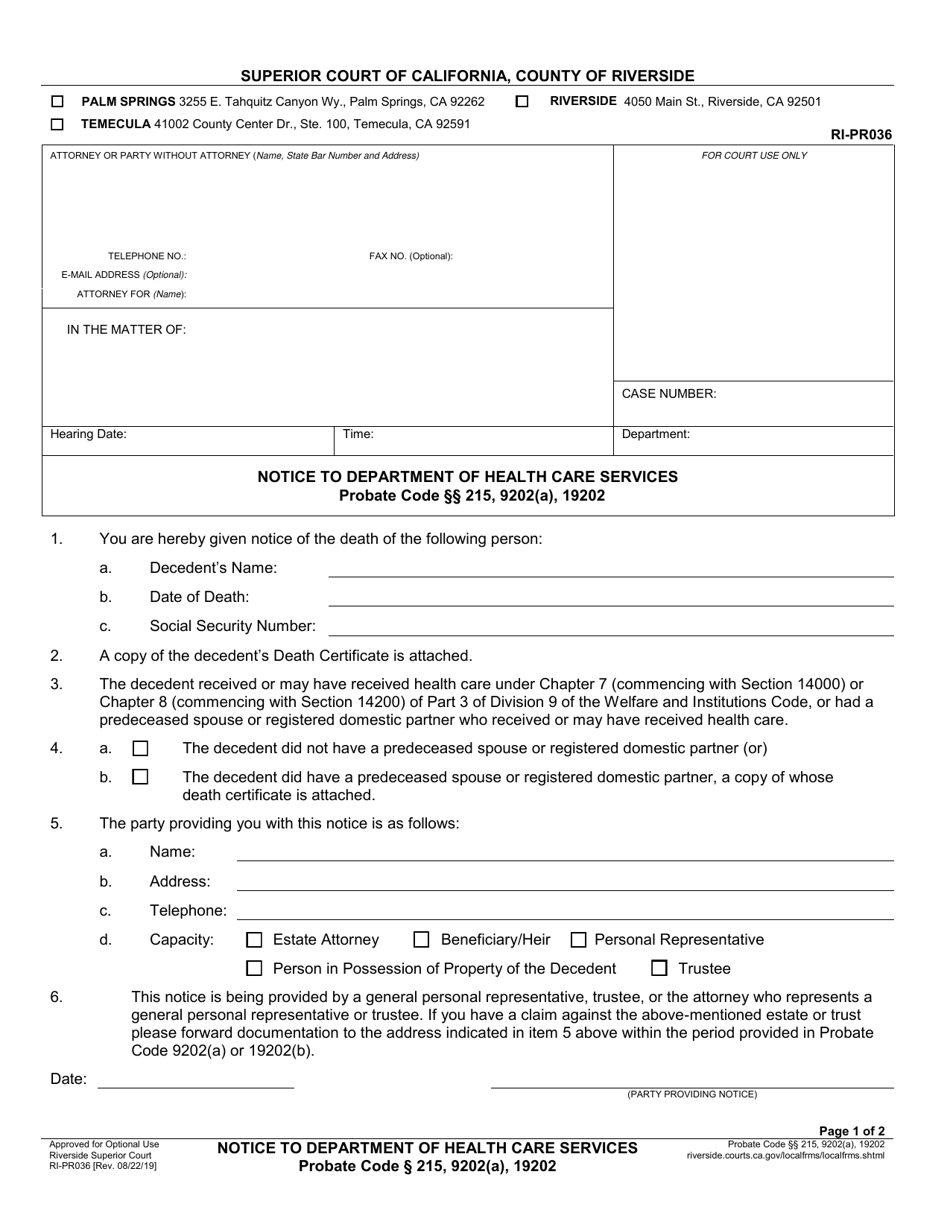 Form RI-PR036 Notice to Department of Health Care Services - County of Riverside, California, Page 1