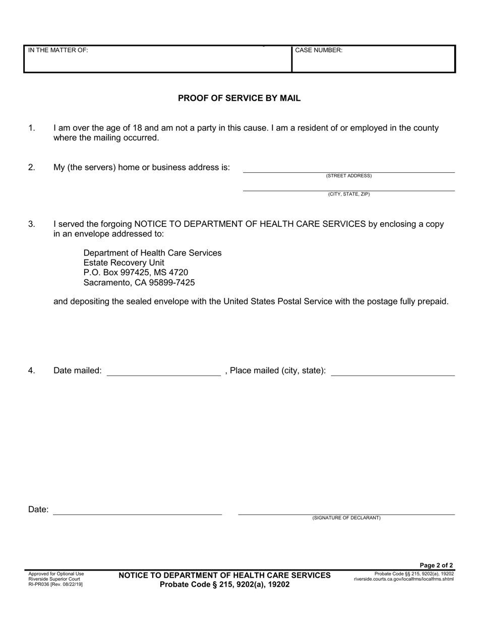 Form RI-PR036 Notice to Department of Health Care Services - County of Riverside, California, Page 2