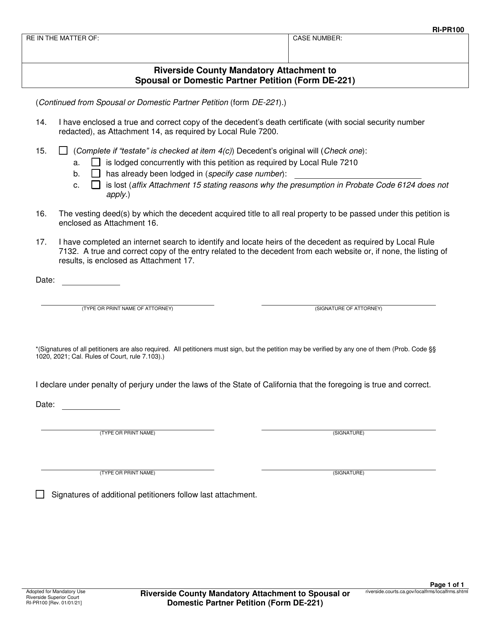 Form RI-PR100 Riverside County Mandatory Attachment to Spousal or Domestic Partner Petition (Form De-221) - County of Riverside, California