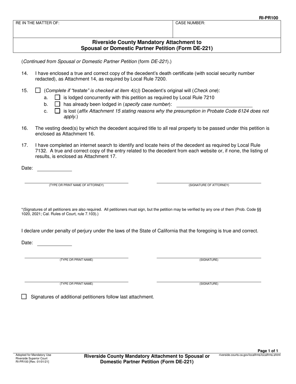 Form RI-PR100 Riverside County Mandatory Attachment to Spousal or Domestic Partner Petition (Form De-221) - County of Riverside, California, Page 1