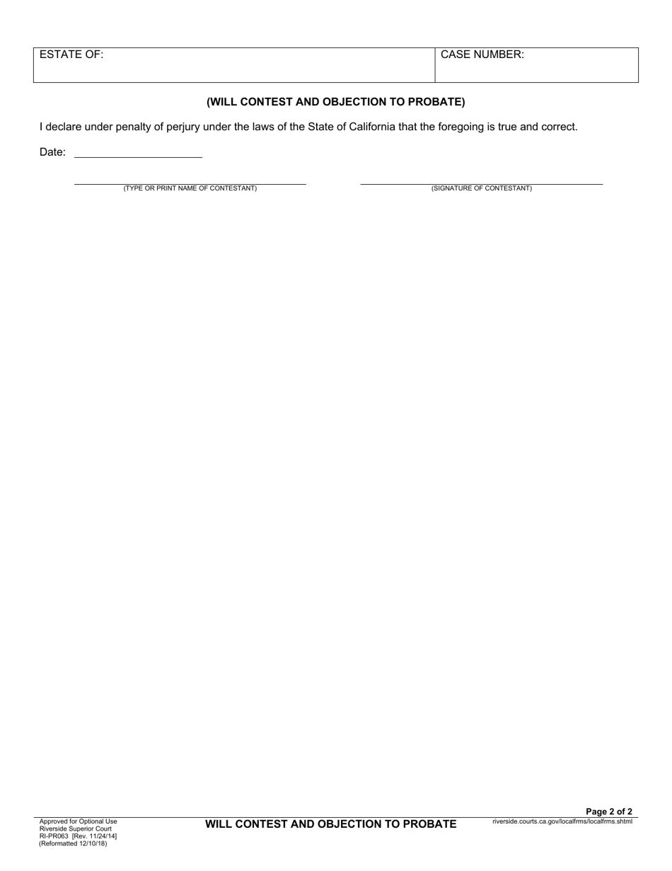 Form RI-PR063 Will Contest and Objection to Probate - County of Riverside, California, Page 2