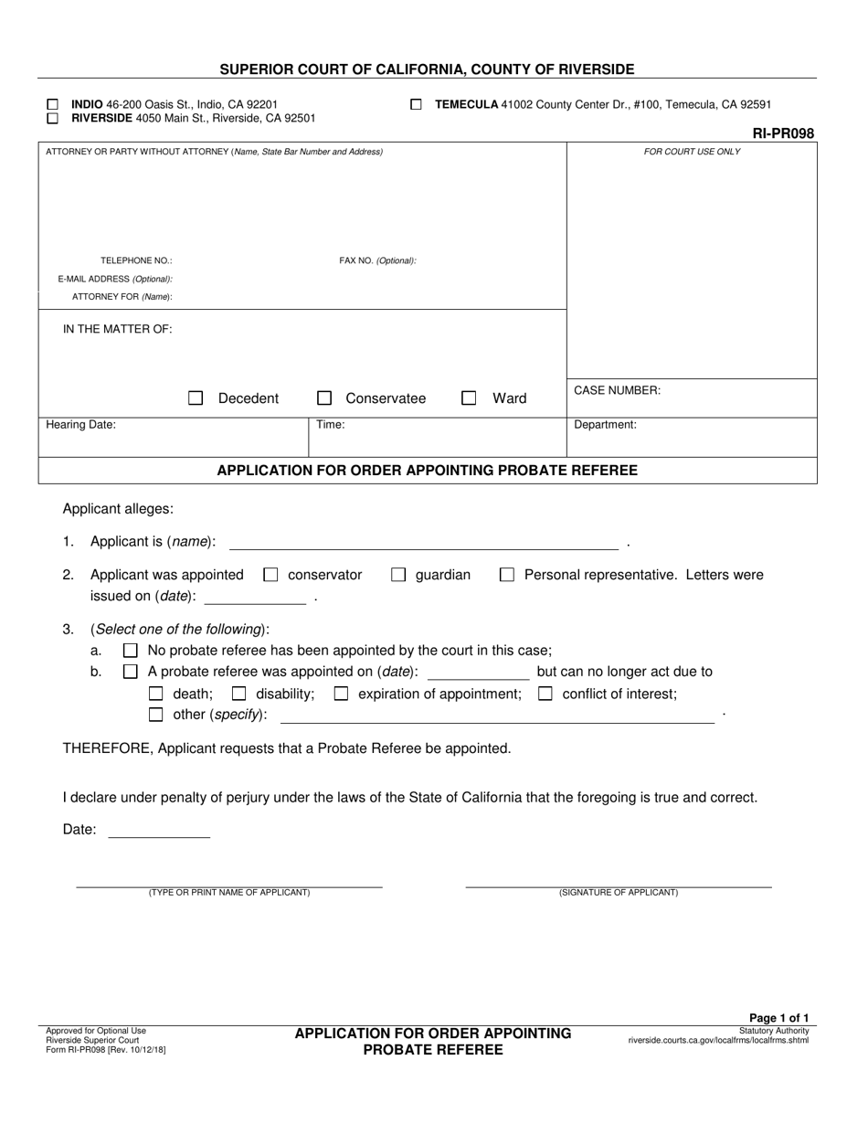 Form RI-PR098 Application for Order Appointing Probate Referee - County of Riverside, California, Page 1