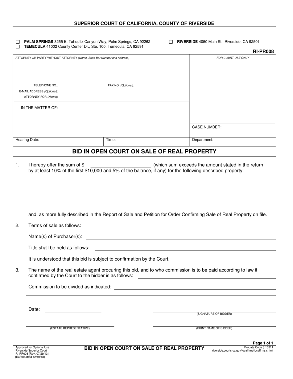 Form RI-PR008 Bid in Open Court on Sale of Real Property - County of Riverside, California, Page 1